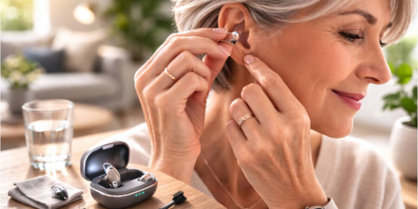 Mujer ajustándose los audífonos